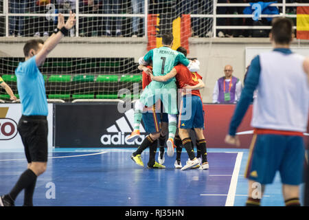 Indoor footsal Übereinstimmung der nationalen Teams aus Spanien und Brasilien am Multiusos Pavillon von Caceres Stockfoto