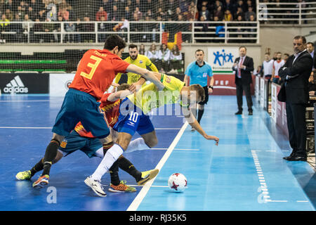 Indoor footsal Übereinstimmung der nationalen Teams aus Spanien und Brasilien am Multiusos Pavillon von Caceres Stockfoto