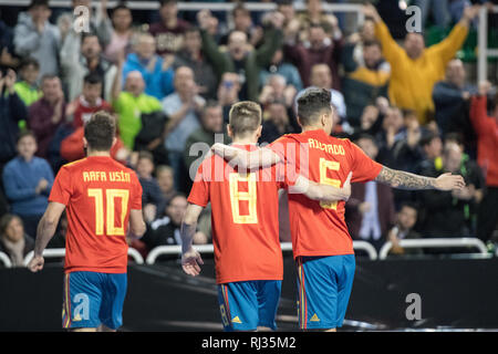 Indoor footsal Übereinstimmung der nationalen Teams aus Spanien und Brasilien am Multiusos Pavillon von Caceres Stockfoto