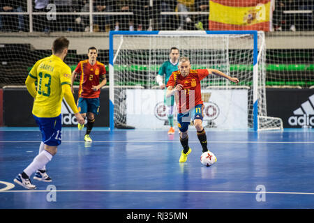 Indoor footsal Übereinstimmung der nationalen Teams aus Spanien und Brasilien am Multiusos Pavillon von Caceres Stockfoto