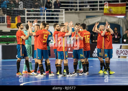 Indoor footsal Übereinstimmung der nationalen Teams aus Spanien und Brasilien am Multiusos Pavillon von Caceres Stockfoto