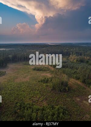 Schöne misty Abend Landschaft von drone fotografiert. Magische Atmosphäre. Stockfoto