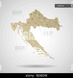 Stylized vector Kroatien Karte. Infografik 3d Gold Karte Abbildung mit Städten, Ländergrenzen, Kapital, administrative divisions und Zeiger markiert, Schatten; Stock Vektor