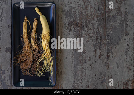 Frisch und getrocknet Ginseng auf schwarze Platte mit Kopie auf dem Holz Hintergrund. Stockfoto