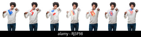 Collage der afrikanischen amerikanischen Jungen Mann mit Flaggen von Ländern über isolierte Hintergrund mit dem Finger an die Kamera und an Sie gerichtet, Handzeichen, p Stockfoto
