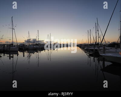 Sonnenaufgang über Abendessen Key Marina in Coconut Grove, Miami, Florida. Stockfoto