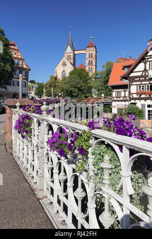 Blick über den Wehrneckarkanal in die Stadtkirche St. Dionys, Esslingen am Neckar, Baden-Württemberg, Deutschland Stockfoto