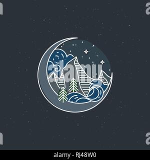 Nacht Berge. Natur exploration vector Vintage Poster. Moderne Wohnung linear Vector Illustration. Retro wildlife Postkarte mit Stars und Wald Stock Vektor