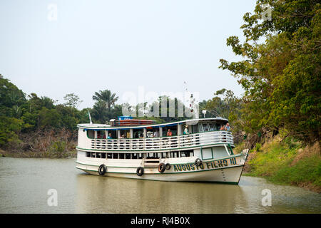 Amazon River in der Nähe von Santarem, Brasilien -- Dezember 02, 2015: weiße Kreuzfahrtschiff mit Touristen auf dem Deck schwimmend auf schmutzigen grünen Wasser des Flusses in der Nähe der Bäume an der Küste auf die natürlichen Hintergrund Stockfoto