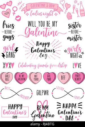 Galentine foto des tages Overlays, Karten für Frauen, feministische Doodles, Schriftzüge, bedruckbar, der vektor design Elemente einstellen Stock Vektor