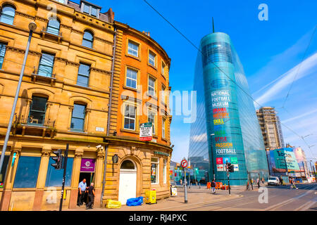 Manchester, Großbritannien - 18 Mai 2018: Die National Football Museum ist die weltweit größte und beste Fußball-Museum, ursprünglich im Deepdale, Preston, LAN-basiert Stockfoto