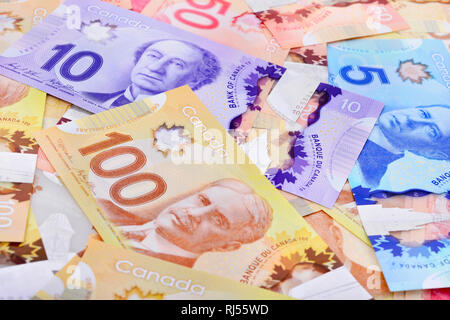 Hintergrund Schuß der kanadischen Banknoten Stockfoto