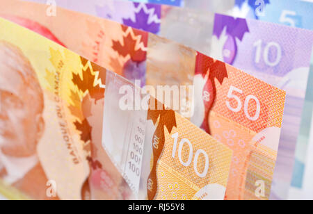 Hintergrund Schuß der kanadischen Banknoten Stockfoto