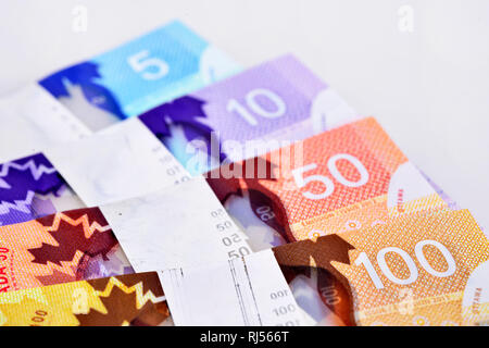 Hintergrund Schuß der kanadischen Banknoten Stockfoto