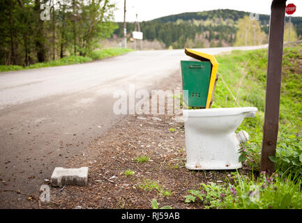 Alte gebrauchte Toilette am Straßenrand Müll weggeworfen, Toilette in der Nähe von Müll, Polen, Europa, die Bäume und die Straße hinter dem Wc, niemand ausgesetzt sind, Stockfoto