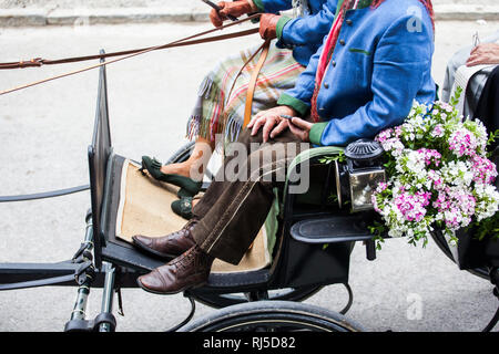 Neben einer Frau im Dirndl sitzt ein Mann in einer Pferdekutsche und schaut auf sein Handy Stockfoto