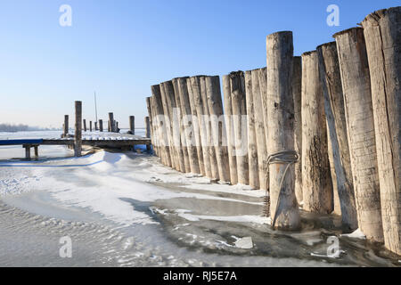 Vereiste Bootsanlegestelle am zugefrorenen Neusiedler See, bei Podersdorf am See, Burgenland, Österreich, Stockfoto