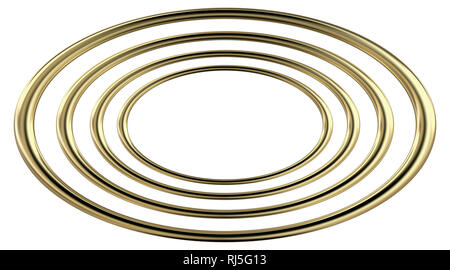 3D-Rendering von vier konzentrischen reflektierende goldenes Ellipsen, auf weißem Hintergrund. Stockfoto