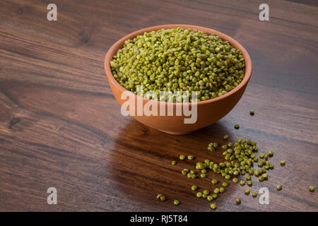 Frisches Grün Ausschreibung Sorghum in einem irdenen Schüssel auf Holz- Hintergrund Stockfoto