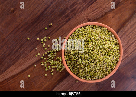 Frisches Grün Ausschreibung Sorghum in einem irdenen Schüssel auf Holz- Hintergrund Stockfoto