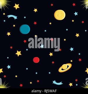Blick auf den Platz. Mond, Sonne, Saturn, Erde, andere Planeten, Sterne, Kometen raum Cartoon Stil nahtlose Muster Stock Vektor