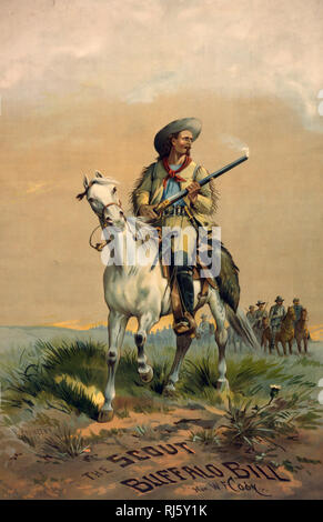 Buffalo Bill auf dem Pferd, Holding rauchen Gewehr, vor Soldaten auf dem Pferderücken Stockfoto