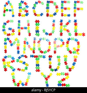 Bunte Puzzle und Alphabet Fliesen mit Autismus Wort. Autismus Konzept Stockfoto