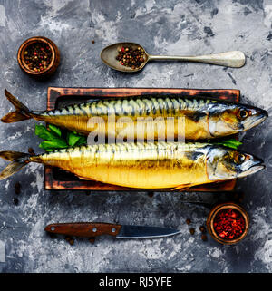 Leckeren geräucherten Fisch auf Küche. geräucherte Makrele Stockfoto