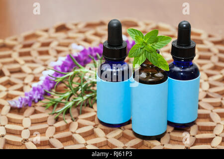 Alternative oder naturheilkundliche Medizin Behandlung in drei Glasflaschen mit Tropfer, Minze, Lavendel und Rosmarin Pflanzen. Stockfoto