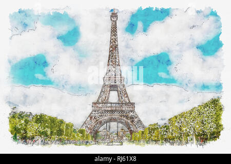 Aquarell Landschaft, Skizze der Eiffelturm, Paris, Hauptstadt von Frankreich. Liebe Stadt Paris. Stockfoto