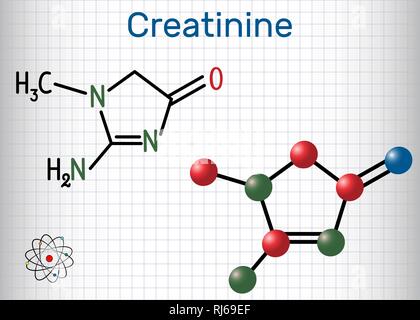 Kreatinin Molekül. Strukturelle chemische Formel und Molekül-Modell. Blatt Papier in einem Käfig. Vector Illustration Stock Vektor