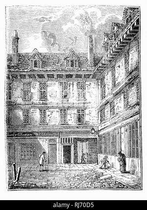 Das Haus von Oliver Goldsmith (1728-1774), im grünen Laube, Old Bailey und halsbrecherische Treppen, London, wurde die Residenz von Oliver Goldsmith im Jahre 1758. Der irische Schriftsteller, Dramatiker und Dichter, war bekannt für seinen Roman der Pfarrer von Wakefield (1766), sein pastorales Gedicht des verlassenen Dorfes (1770), und seine spielt die Good-Natur würde Man (1768) und Sie beugt sich zu erobern (1771, zuerst 1773). Stockfoto