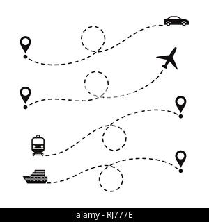 Routen reisen verschiedene Transport. Einstellen der gestrichelten Linien auf einem weißen Hintergrund. Stock Vektor