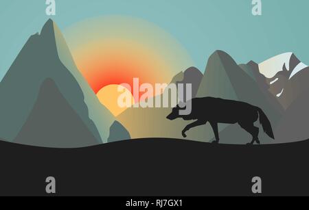 Vector Illustration. Silhouette von wilden Wolf. Sonnenaufgang oder Sonnenuntergang in den Bergen. Die Rückkehr der großen Raubtiere in der wilden Natur. Stock Vektor