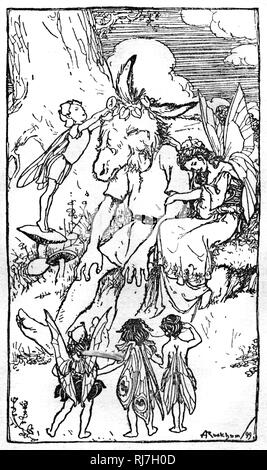 "Wo ist Pease-Blossom?" Von Arthur Rackham (1867-1939). A Midsummer Night's Dream ist eine Komödie, geschrieben von William Shakespeare in 1595/96. Es zeigt die Ereignisse rund um die Hochzeit von Theseus, dem Herzog von Athen, mit Hippolyta. Stockfoto