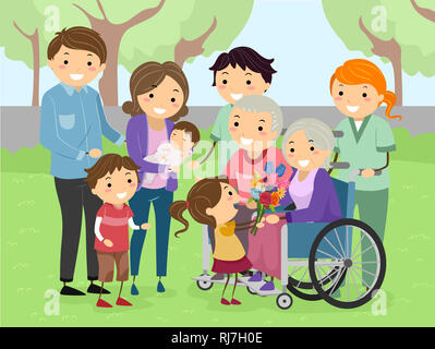 Abbildung: Stickman Familie Besuch der Großeltern in einem Altenheim Stockfoto