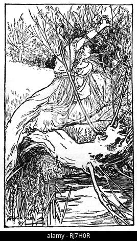 "In diesen Bach kam Ophelia eines Tages." Von Arthur Rackham (1867-1939). Ophelia ist eine Figur in William Shakespeares Drama Hamlet. Sie ist eine junge Adelsfrau aus Dänemark, die Tochter von Polonius, die Schwester von Laertes und die potenzielle Ehefrau von Prinz Hamlet. Stockfoto