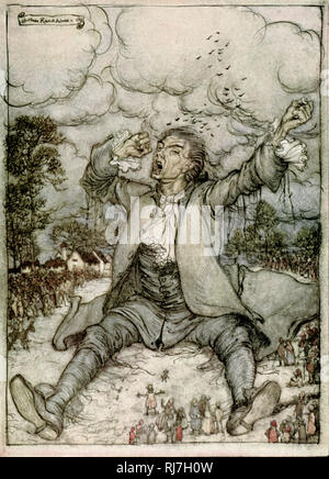 "Gulliver, befreit von den Saiten, erhebt sich und dehnt sich." Von Arthur Rackham (1867-1939). „Gulliver's Travels“ oder „reist in mehrere abgelegene Nationen der Welt. In Vier Teilen. Von Lemuel Gulliver, zuerst Chirurg, und dann Kapitän mehrerer Schiffe, ist eine Prosa-Satire des irischen Schriftstellers und Geistlichen Jonathan Swift. Erstmals veröffentlicht 1726. Stockfoto