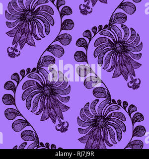 Fee Blume, nahtlose Muster Design, Hand gezeichnet Doodle, Skizze im Pop Art Stil, Farbe Abbildung, lila Hintergrund Stockfoto