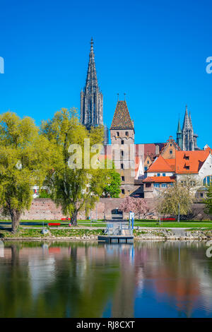 Panorama über die Donau nach Ulm mit Ulmer Münster und Metzgerturm, Baden-Württemberg, Deutschland, Europa Stockfoto