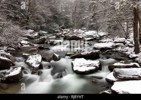 Winterlandschaft entlang Glade Creek Babcock State Park Fayette County WV Stockfoto