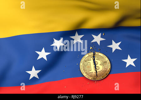 Risse Bitcoin Münze auf Venezolanische Flagge. Schlechte Bitcoin Zustand in Venezuela Konzept. 3D-Rendering Stockfoto