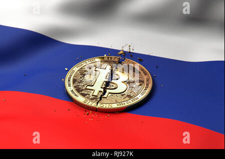 Risse Bitcoin Münze auf Russische Fahne. Schlechte Bitcoin Zustand in Russland Konzept. 3D-Rendering Stockfoto