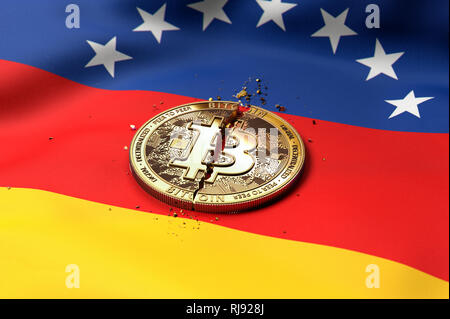 Risse Bitcoin Münze auf Venezolanische Flagge. Schlechte Bitcoin Zustand in Venezuela Konzept. 3D-Rendering Stockfoto