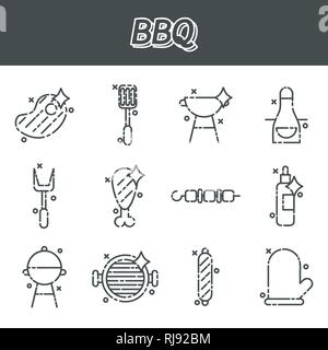 Grill Icon Set, dünne Linie Stil, flache Bauweise Stock Vektor