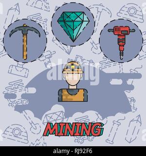 Bergbau Designkonzept mit Beruf des Miner Ölförderung Edelsteine flachbild Icons Set isoliert Vector Illustration Stock Vektor