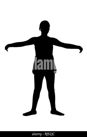 JPG junger jugendlich weiblichen Ballett Tänzerin in RAD Ballett stellt schwarze Silhouette auf weißem Hintergrund; Zweite 2. Position aus der Perspektive des Lehrers Stockfoto