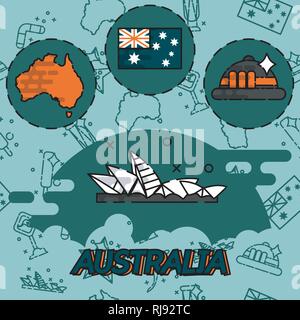 Australien reisen Symbole Flachbild mit australischen Icons Set isoliert Vector Illustration Stock Vektor