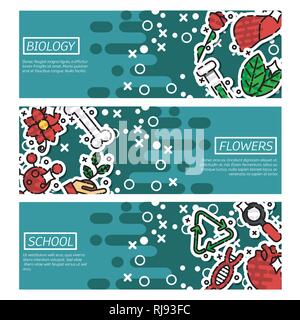 Horizontale Banner über die Biologie. Bildung und Wissenschaft Banner gesetzt. Vektor Design Konzept. Stock Vektor