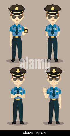 Set aus bunten isoliert Vektor Polizist bei der Arbeit. Polizist Charakter für Szenen. Stock Vektor